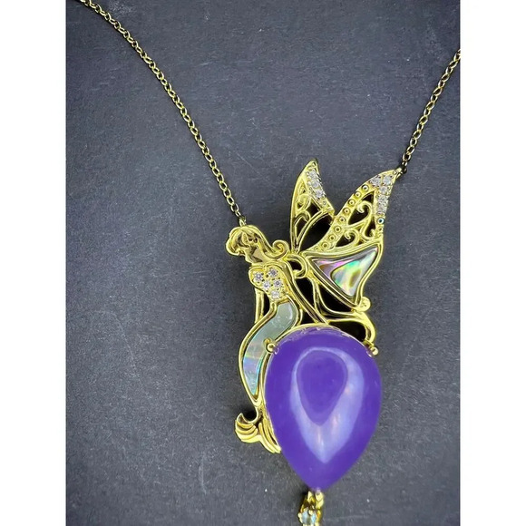 Fairy mermaid jadeite abalone and pearl pendant and chain in gold over sterling - Picture 10 of 11